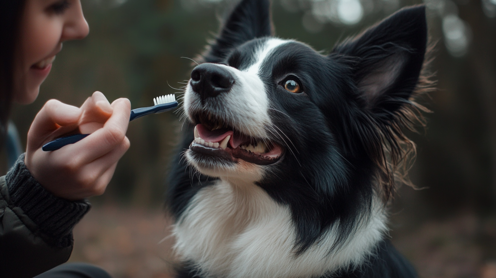 Owner performing dental care routine on Australian Shepherd showing preventive maintenance