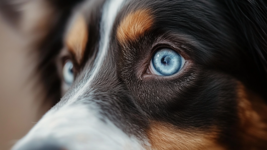 Veterinary ophthalmologist checking Australian Shepherd for hereditary eye conditions