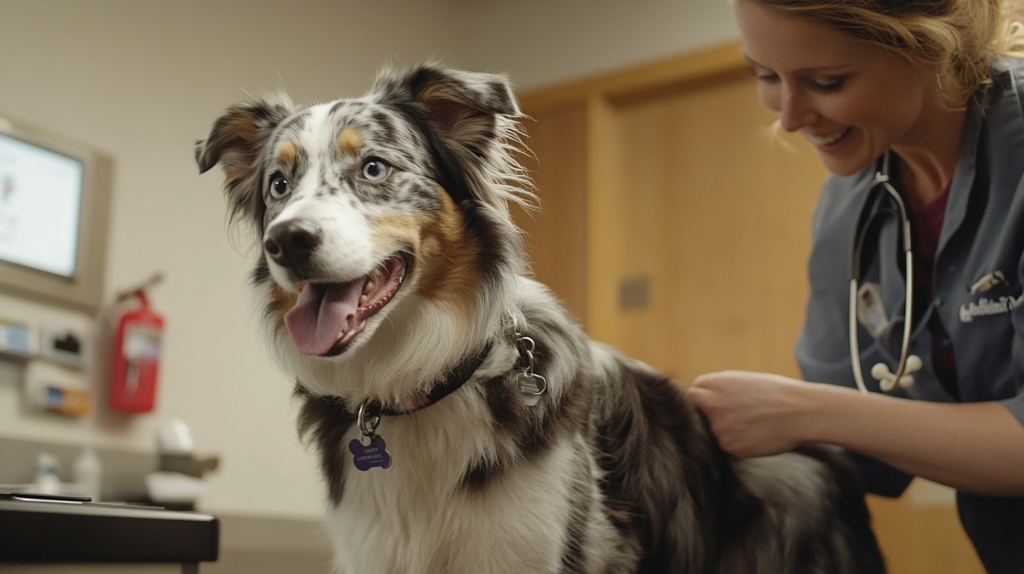 Veterinarian performing comprehensive health examination on Australian Shepherd during checkup