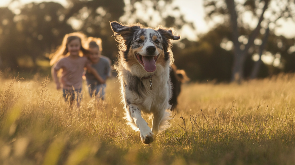 Australian Shepherd demonstrating natural herding instincts with family