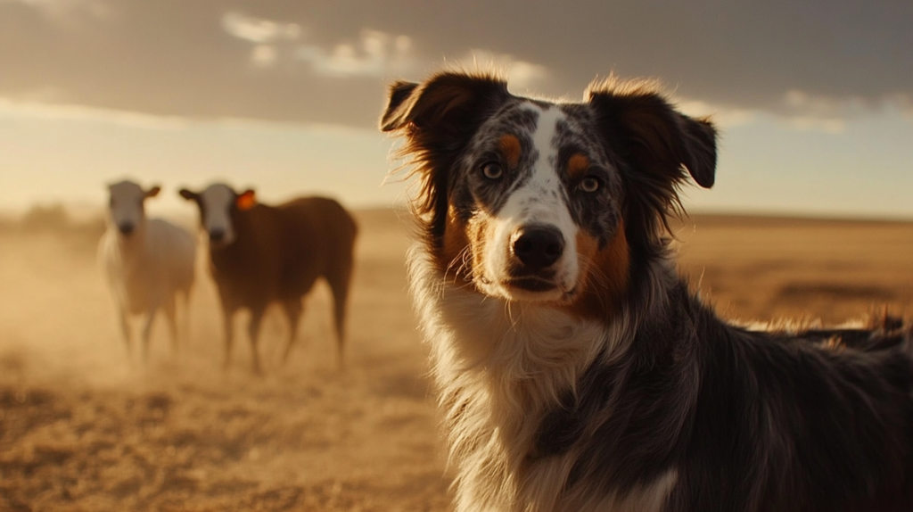  Australian Shepherd demonstrating natural herding behavior with livestock