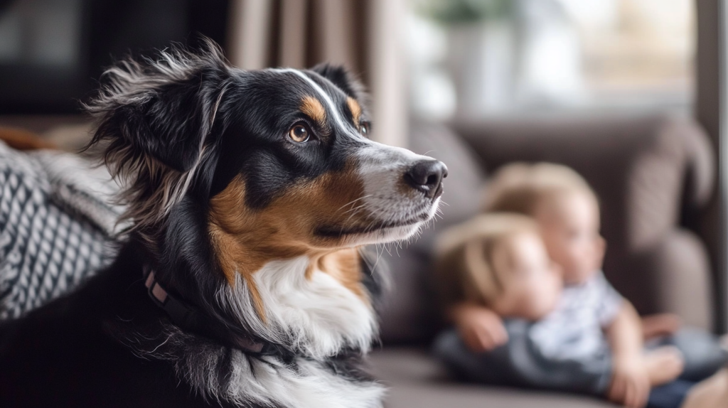 Australian Shepherd displaying alert protective behavior while watching family