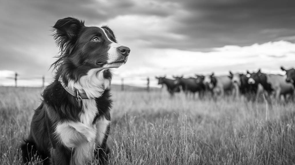 Australian Shepherd working with cattle on historic American ranch