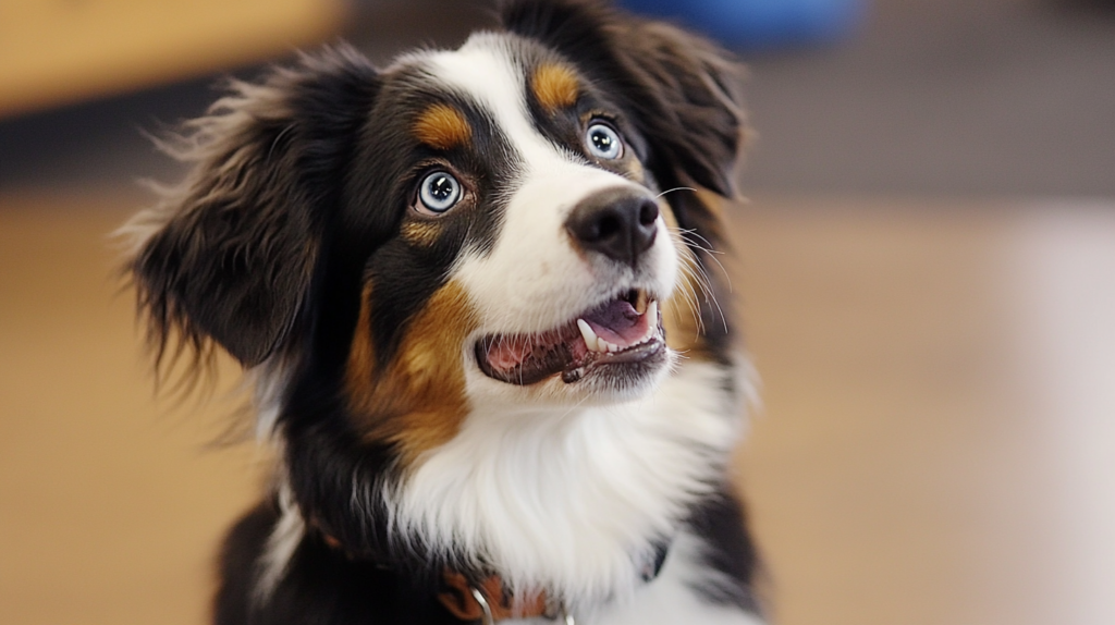 Australian Shepherd learning basic obedience commands during positive reinforcement training session