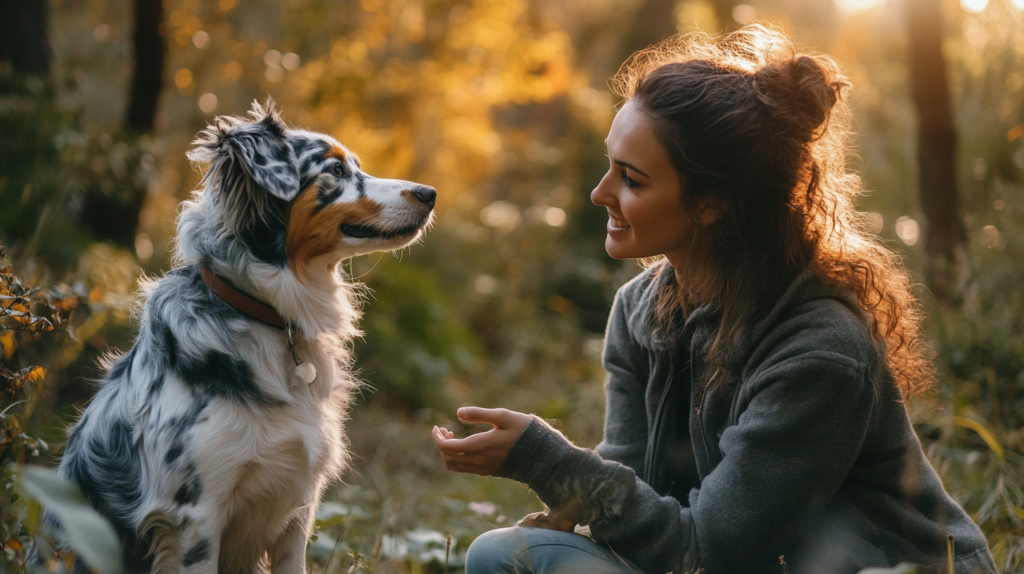 Owner training Australian Shepherd using positive reinforcement methods