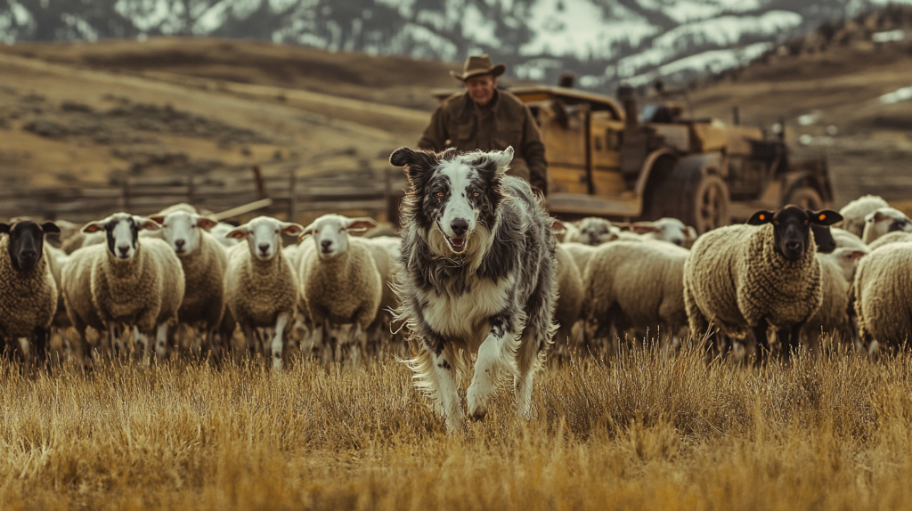 Historical photo of Australian Shepherd herding sheep in American West