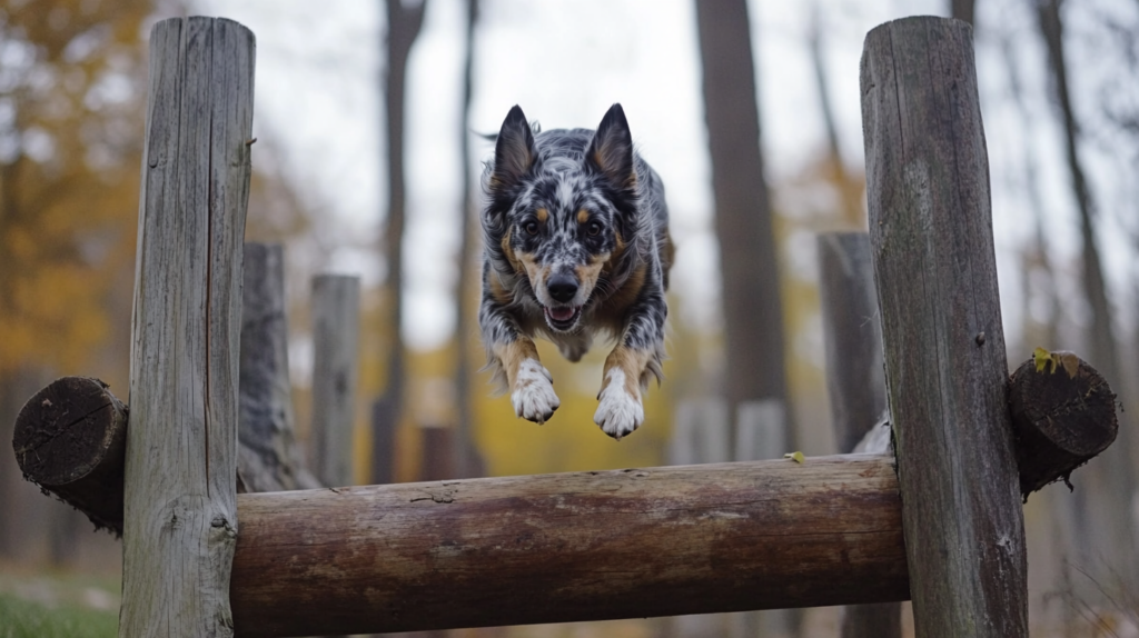  Australian Cattle Dog navigating agility course obstacles during advanced training