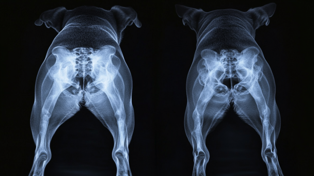 X-ray showing hip dysplasia in Australian Cattle Dog compared to healthy joints