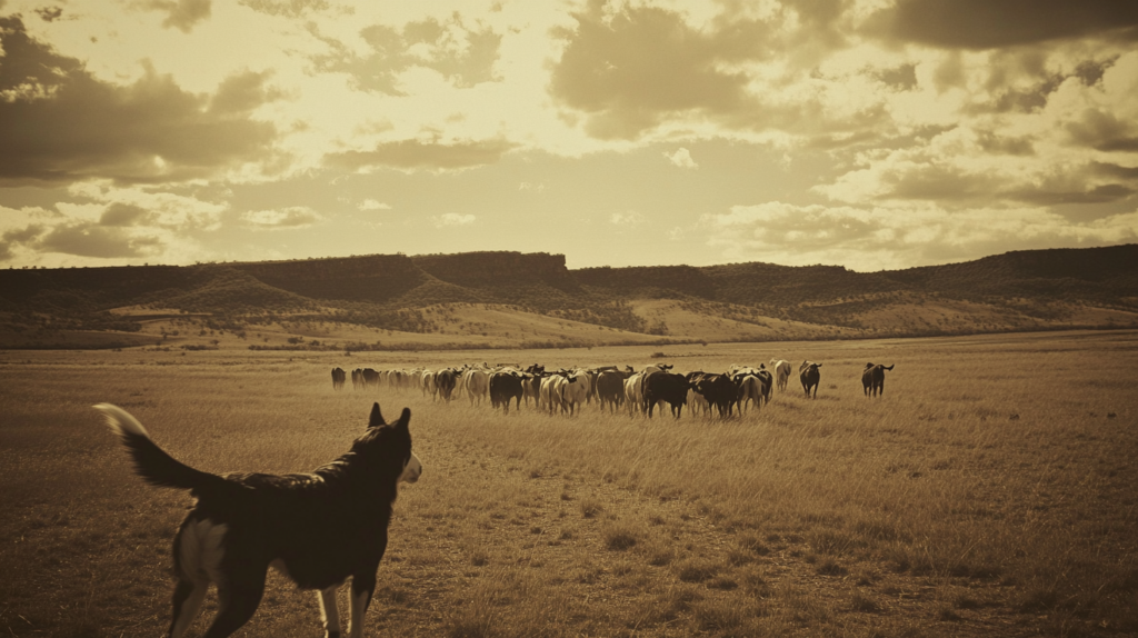 Vintage photograph of Australian Cattle Dogs herding cattle in outback