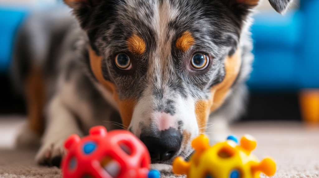 Australian Cattle Dog engaging with interactive puzzle toy showing intelligence