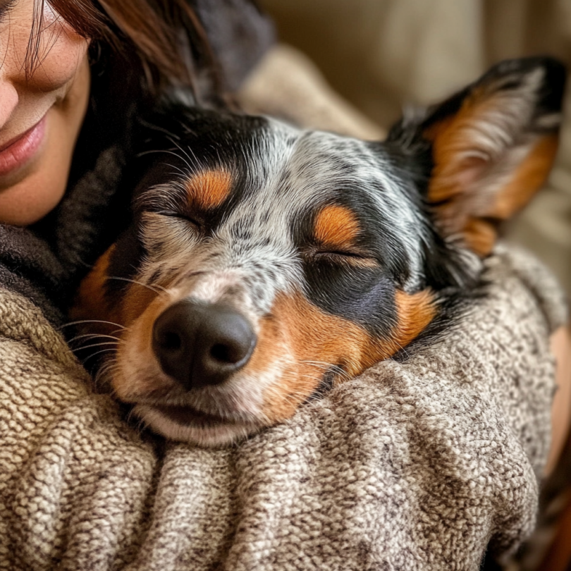 Healthy Blue Heeler being held by owner