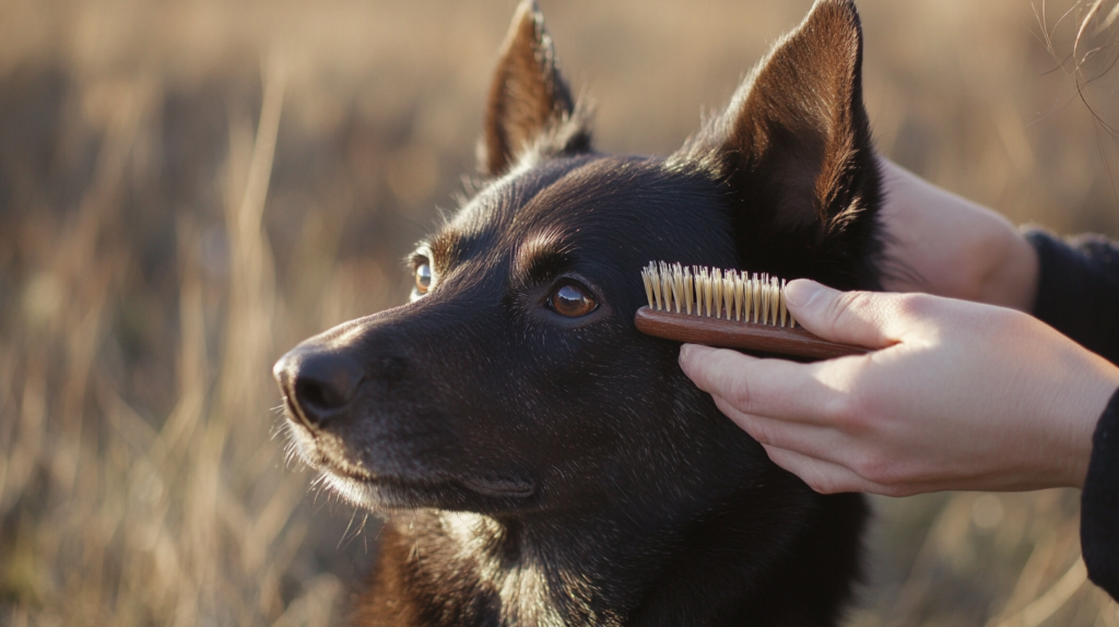 Demonstrating proper brushing technique for Australian Kelpie coat maintenance