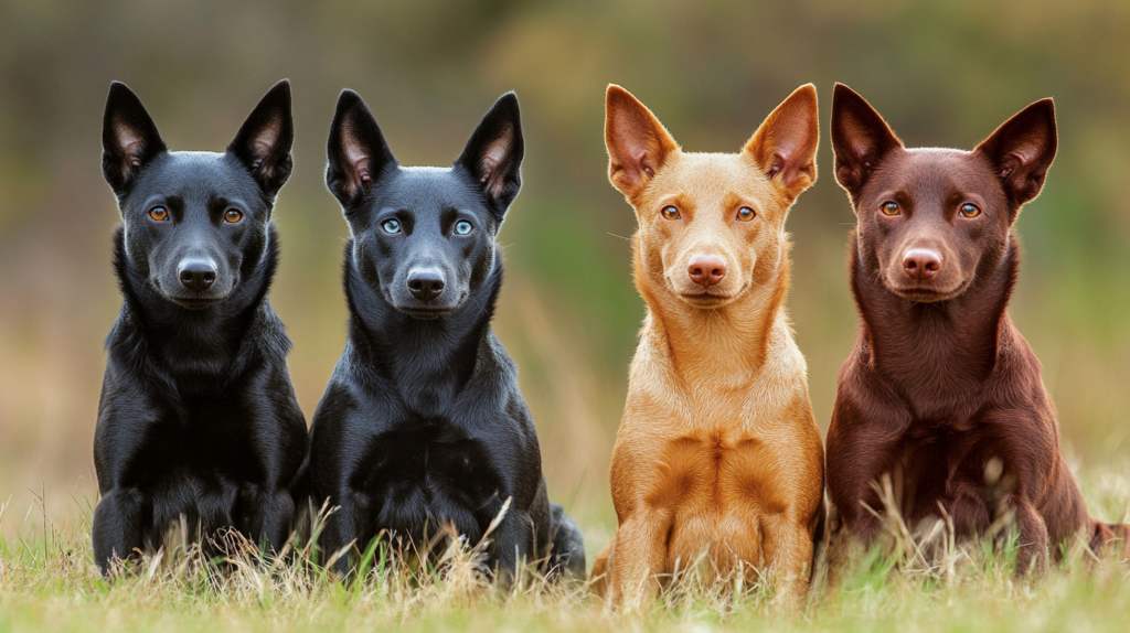 Various Australian Kelpie coat colors including black, blue, and red