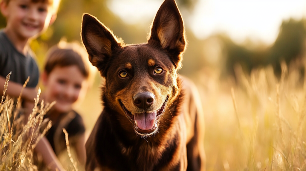 Australian Kelpie showing gentle temperament while playing with family members