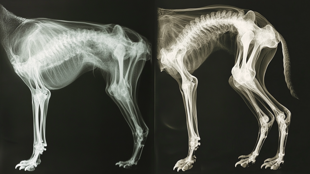 X-ray comparison showing healthy versus dysplastic hip joints in Australian Kelpie