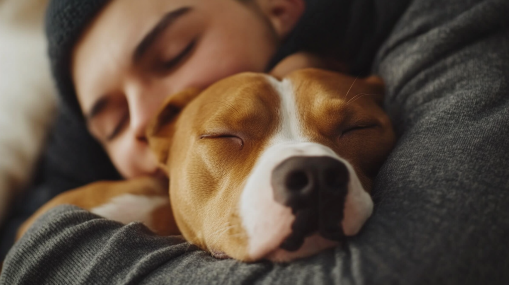 Contemporary American Staffordshire Terrier displaying gentle nature with family