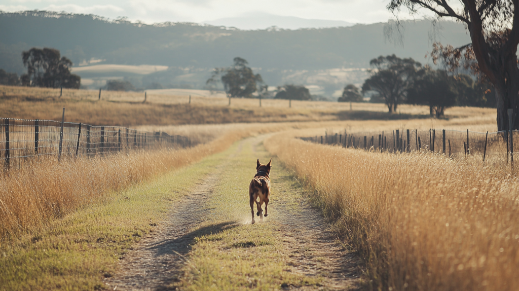 Australian Cattle Dog exploring spacious rural property showing ideal environment