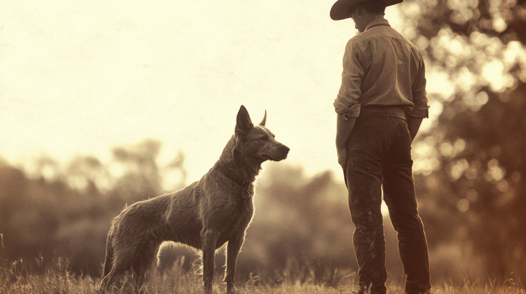 Historical image of Thomas Hall with early Queensland Heelers working cattle